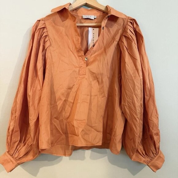 Harshman Lois Popover Shirt Puff Sleeves Persimmon Orange Extra Small XS NWT - Picture 3 of 5